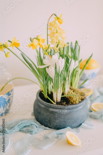 Wallpaper Mural Lemon and Floral decor table, Italian Style Table Setting in Yellow and Blue Torontodigital.ca