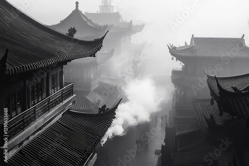 A misty morning at Hanshan Temple, where incense smoke rises among traditional Chinese architecture. photo