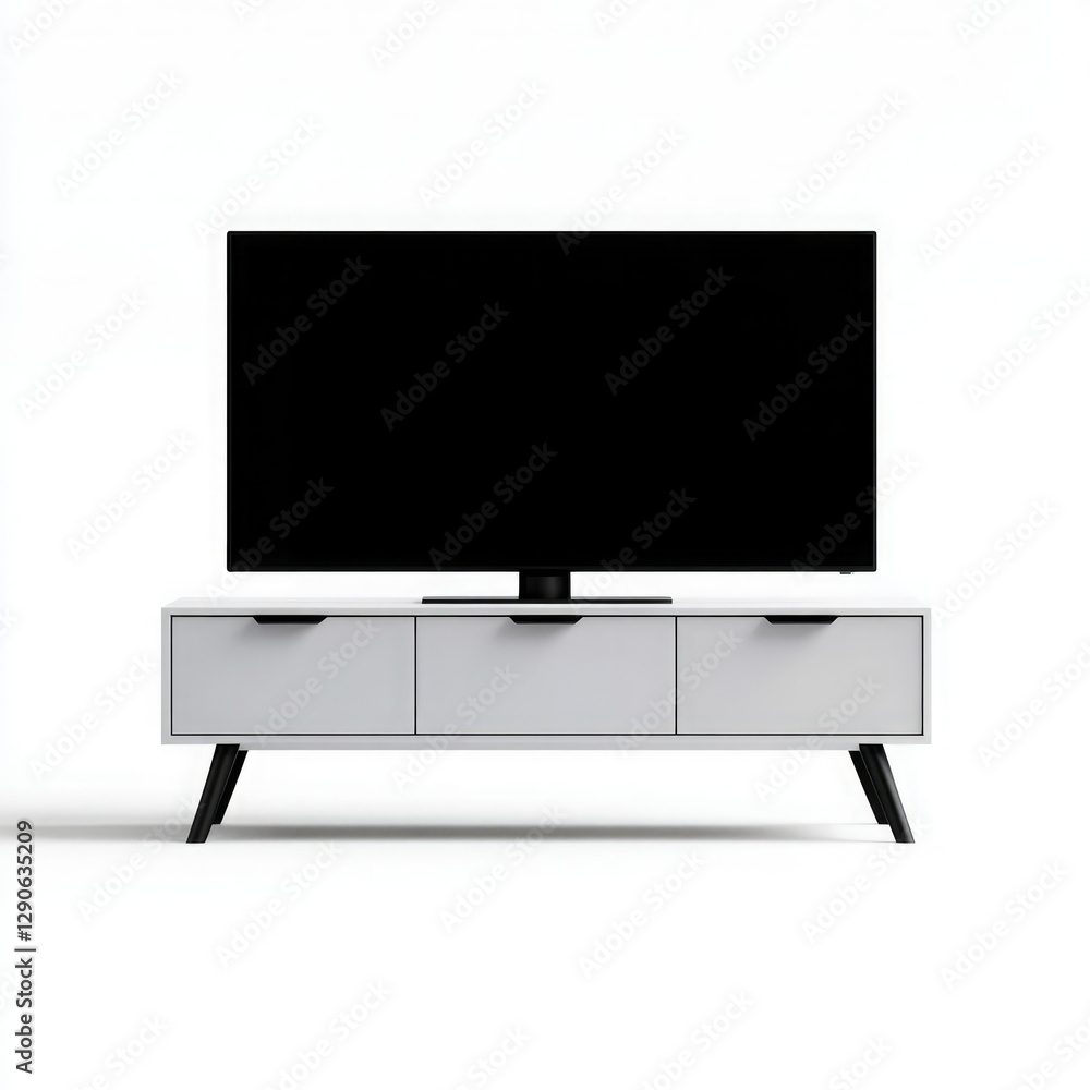 Modern television on sleek white stand against plain background in a contemporary living space Modern television on sleek white stand against plain background in a contemporary living space
