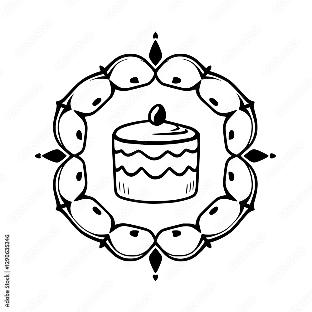 A cake Illustration of a cake, surrounded by a floral and gem-like black and white frame. A cake Illustration of a cake, surrounded by a floral and gem-like black and white frame.