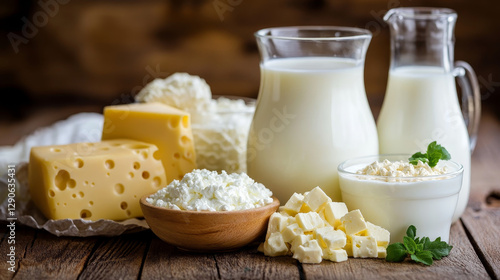Dairy products or milk set vector illustration. Fresh, quality, organic food set of banners. Great taste and nutritional value. Milk, cheese, yogurt, cottage cheese, sour cream.