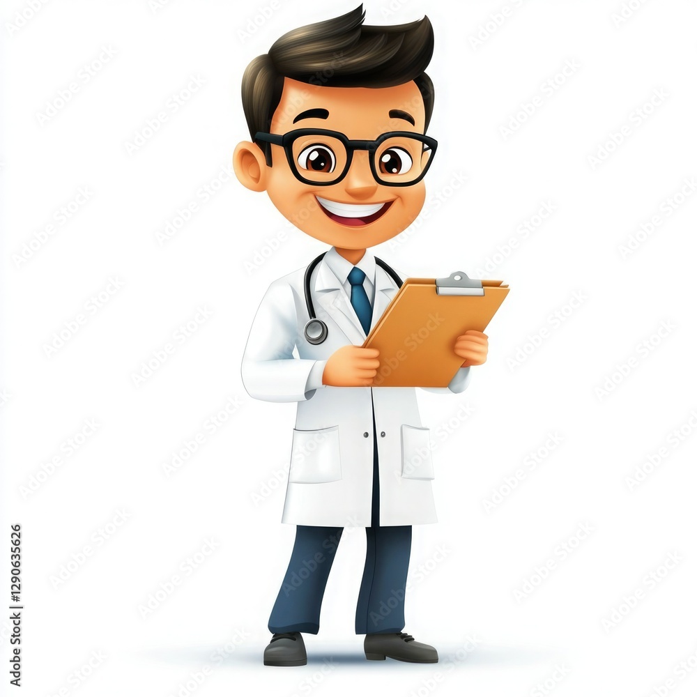 Fototapeta premium Young doctor character smiling while holding a clipboard in a cheerful, animated style