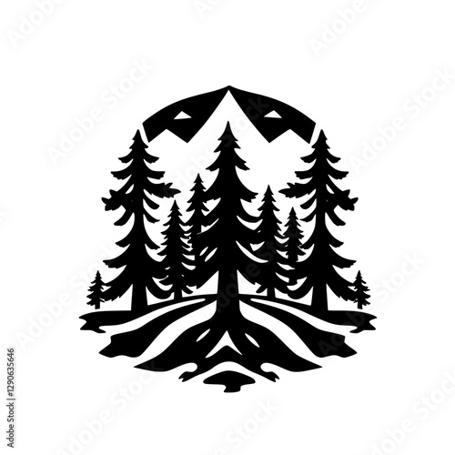 Silhouette of coniferous forest and mountains in black and white, illustrating an outdoor landscape.