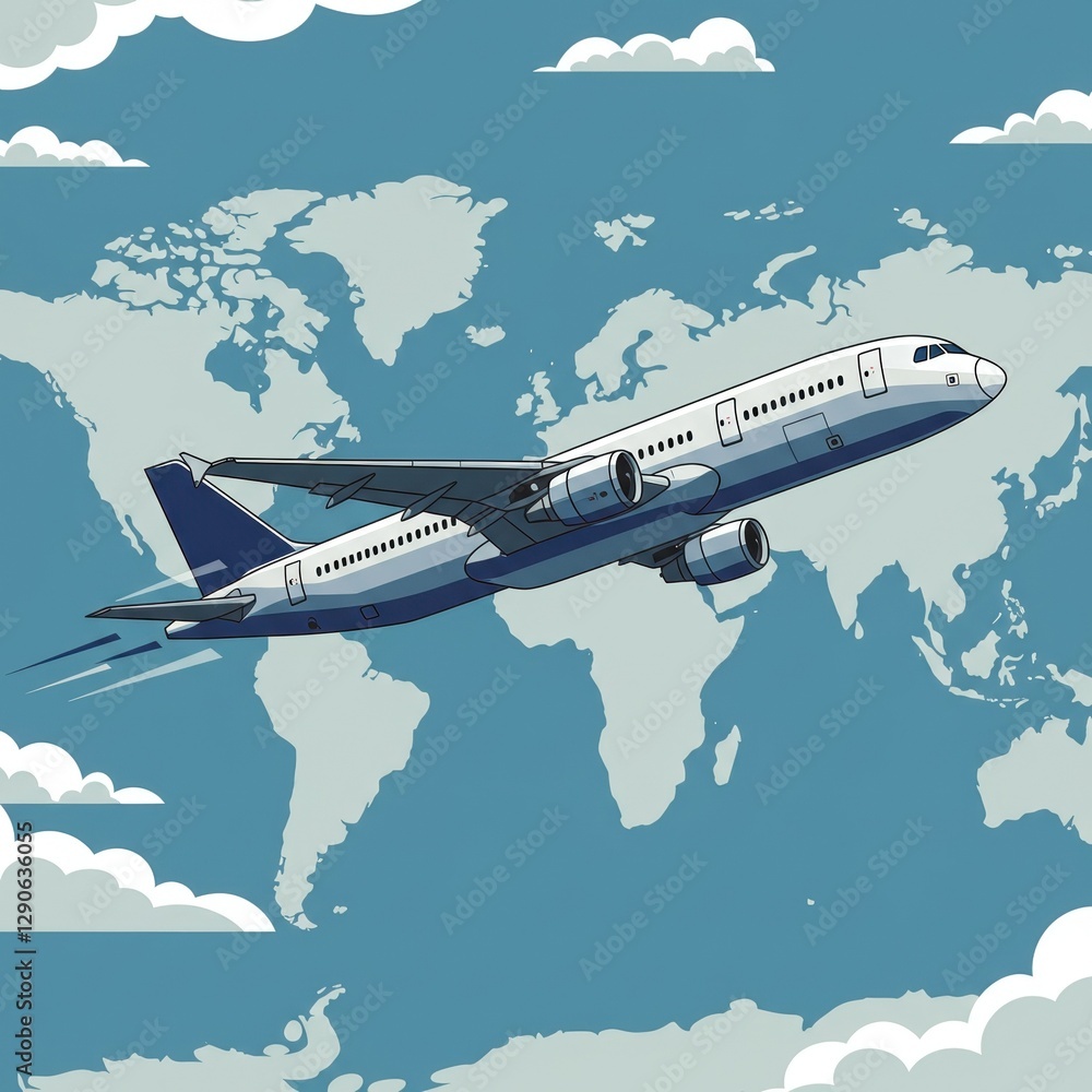 Fototapeta premium Airplane Illustration Over World Map Background - Aviation Travel Concept with Clouds and Sky
