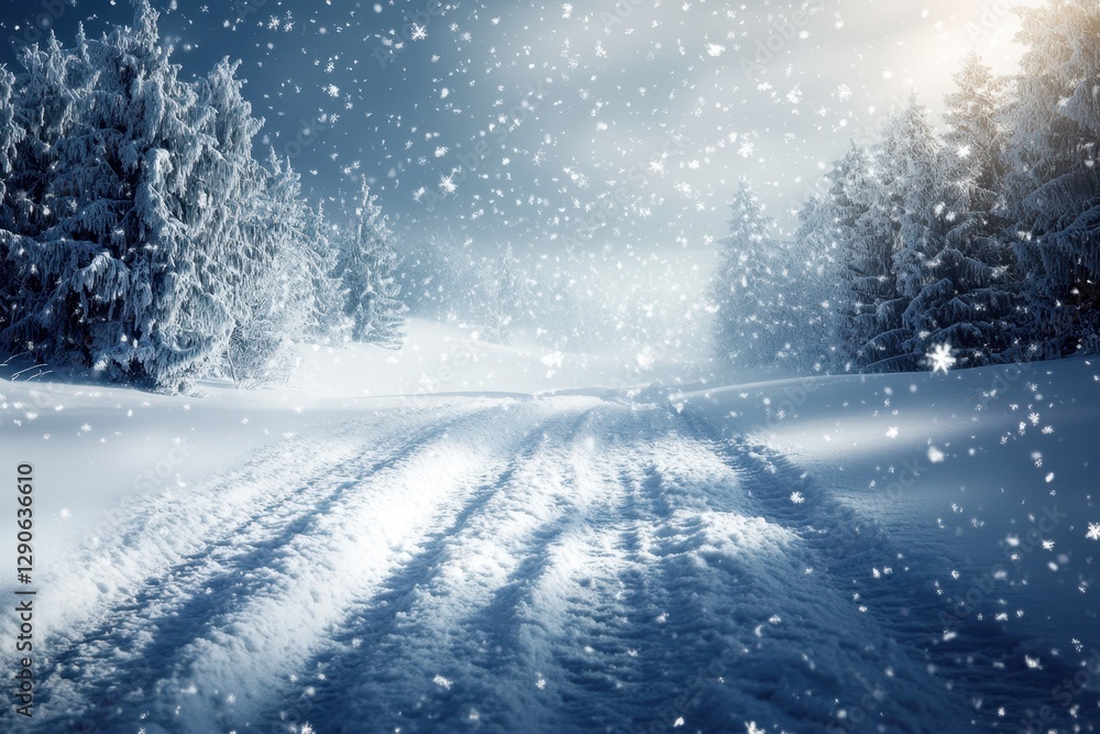 Snowy winter landscape with footprints on a tranquil forest path at dusk Snowy winter landscape with footprints on a tranquil forest path at dusk