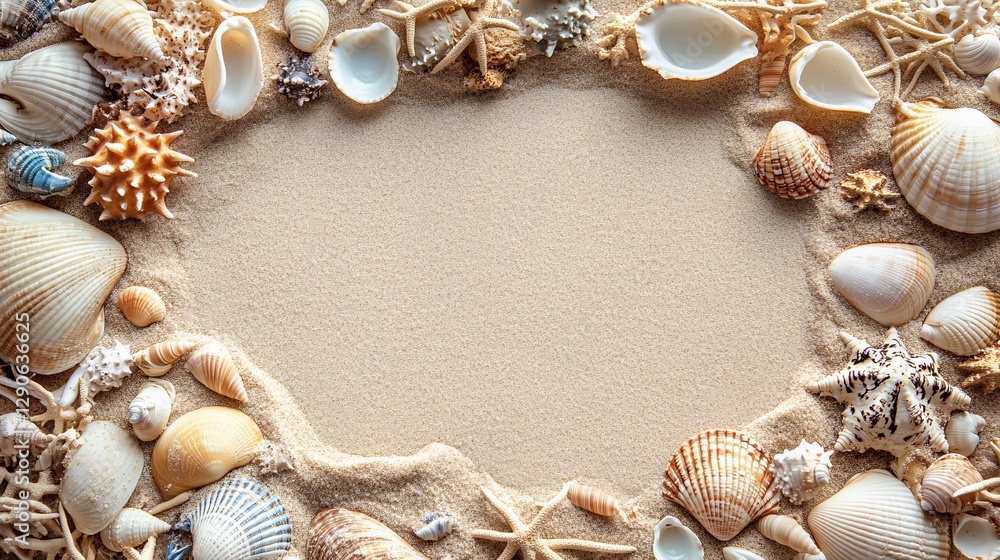 Obraz premium A collection of seashells are arranged on a sandy beach