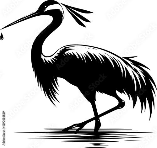 Striking black and white silhouette of a wading or heron or crane bird with a drop