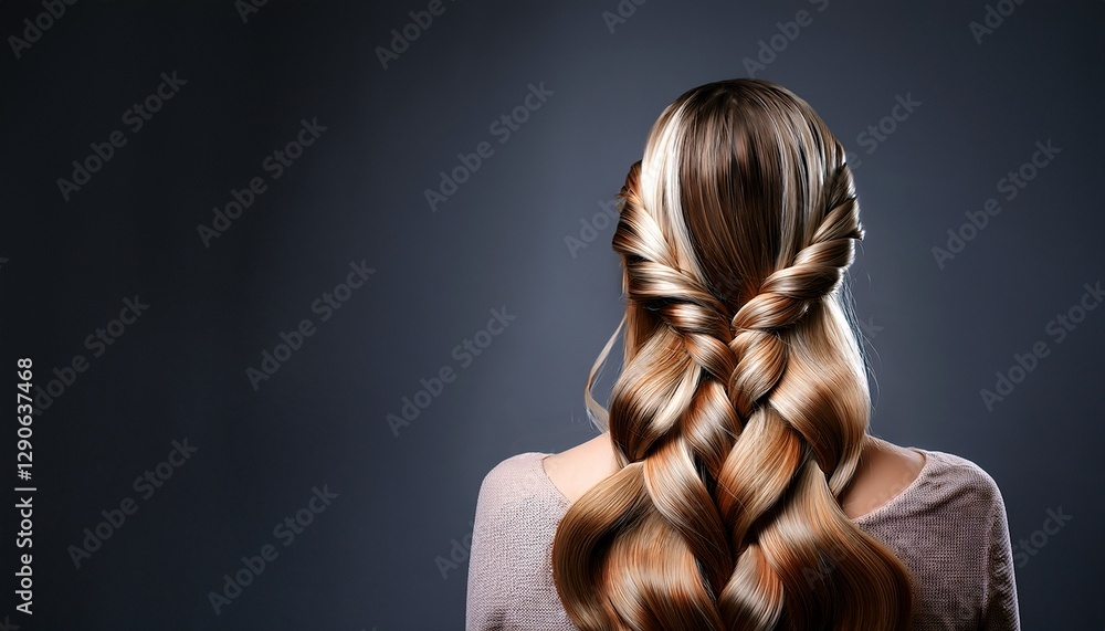 Hair care banner. Braided hair. Back view. A thick, shiny braid that showcases the strength and health of the hair, with free space for text Hair care banner. Braided hair. Back view. A thick, shiny braid that showcases the strength and health of the hair, with free space for text