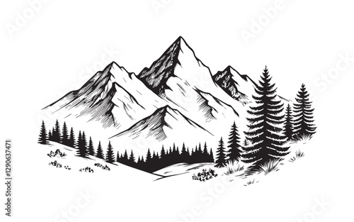Intricate Brown Illustration of Jagged Mountain Peaks and Evergreen Trees on a Light Green Background