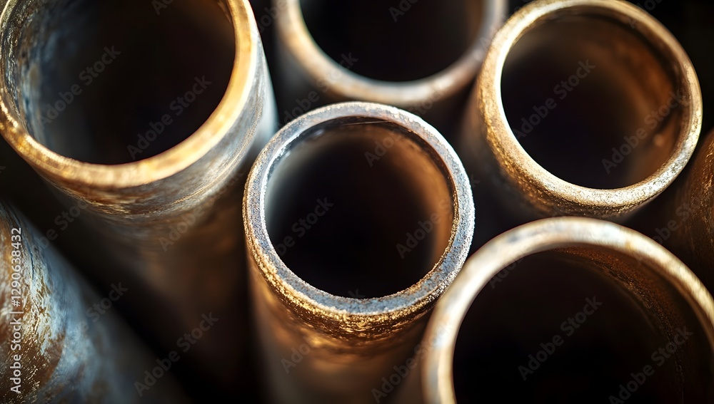 Close-up rusty metal pipes stacked in warehouse Close-up rusty metal pipes stacked in warehouse