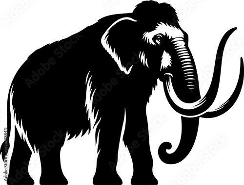 Striking black and white illustration of a woolly mammoth.