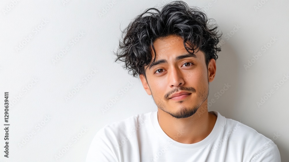 Hispanic man against a white wall with a serious expression. Hispanic man against a white wall with a serious expression.