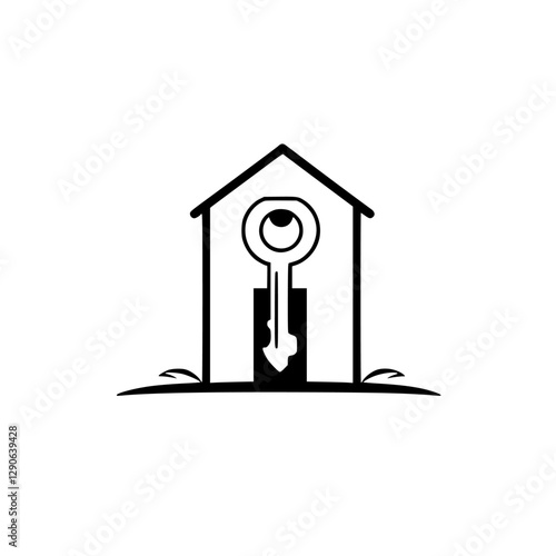 House-shaped keyhole with an eye-like key, symbolizing security, protection, and home ownership.