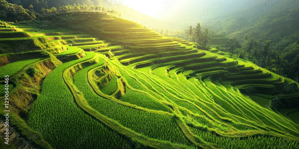 Fototapeta premium Green rice fields with the sun shining upon them, creating an idyllic and peaceful scene. The green grass reflects the sunlight as if shimmering under its surface
