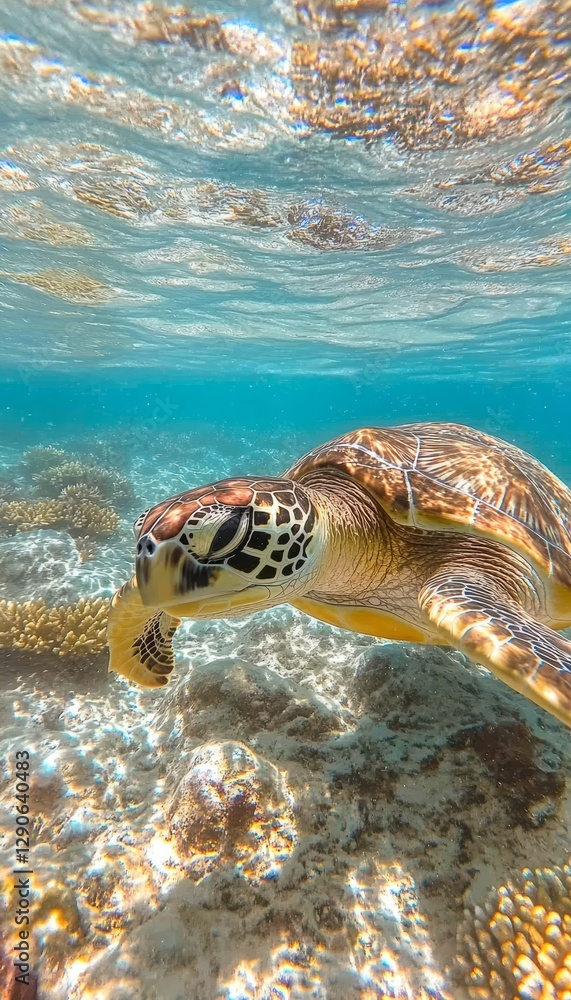 Obraz premium Majestic Green Sea Turtle Gliding Effortlessly Through Crystal Clear Waters in Pristine Coral Reef