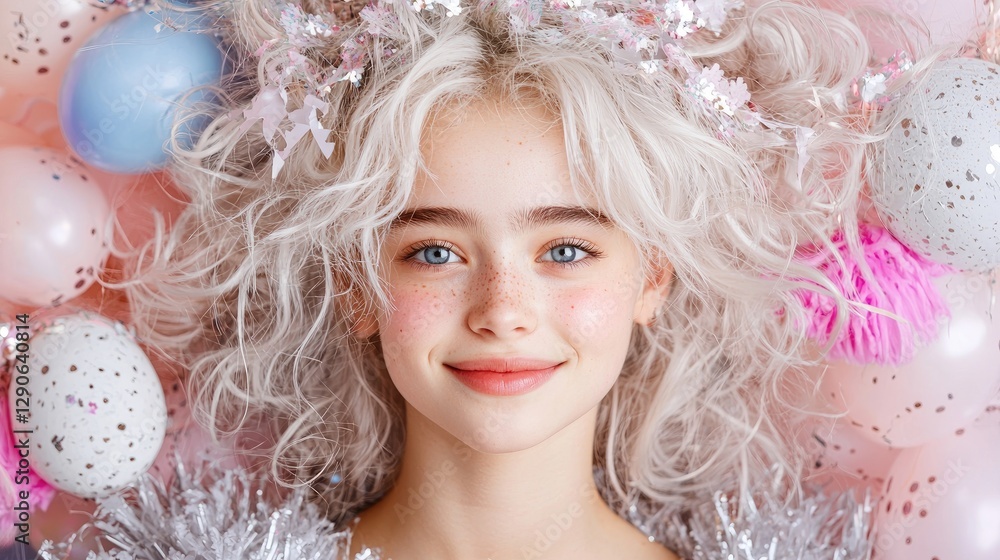 Portrait of a girl with sparkly hair amidst colorful balloons. Possible use Social media post, website background Portrait of a girl with sparkly hair amidst colorful balloons. Possible use Social media post, website background