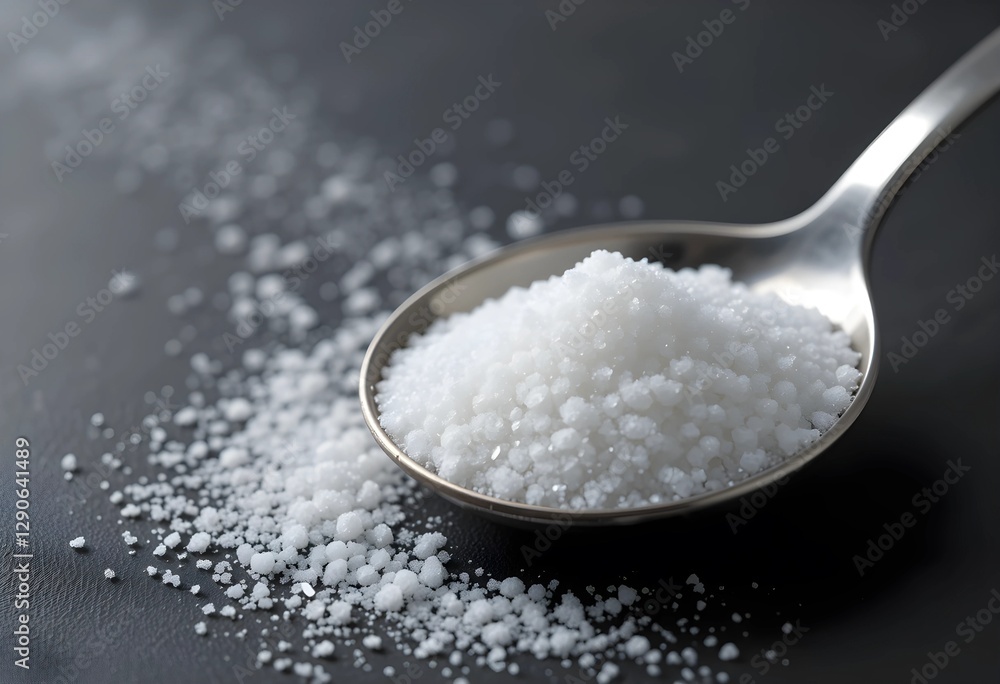 A metal spoon filled with fine sugar on a contrasting background. Soft lighting highlights the granules and reflective surface. A metal spoon filled with fine sugar on a contrasting background. Soft lighting highlights the granules and reflective surface.