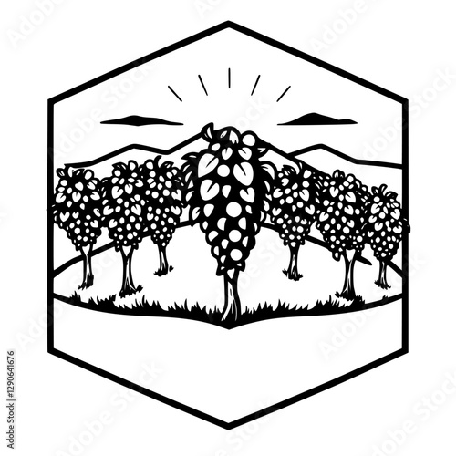Vineyard scene with grapes, mountains, stylized illustration in a hexagonal frame with sun rays.
