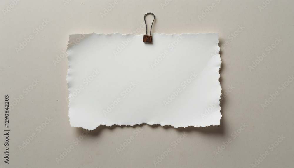 Naklejka premium Torn Paper Memo with Wavy Edges, Held by Rusted Paperclip on Neutral Backdrop