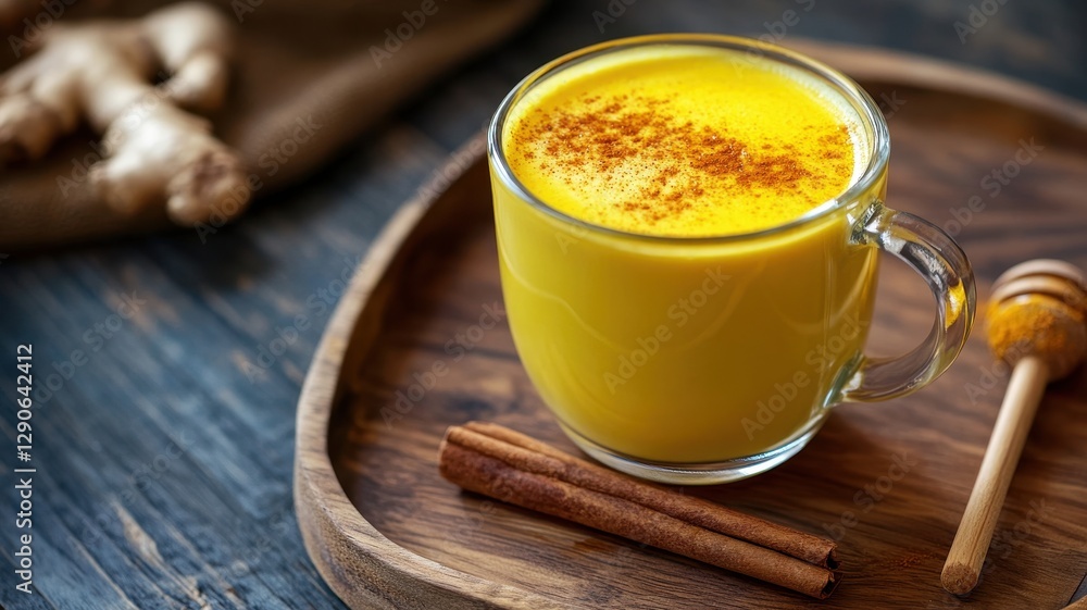 Delicious turmeric latte golden milk in a glass cup, garnished with cinnamon and honey on a rustic wooden surface. Delicious turmeric latte golden milk in a glass cup, garnished with cinnamon and honey on a rustic wooden surface.