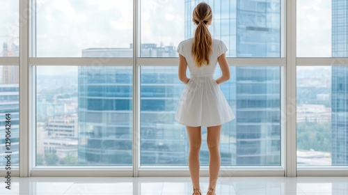 Free Download European woman standing in front of a large office window, white background.  - GFXLoad