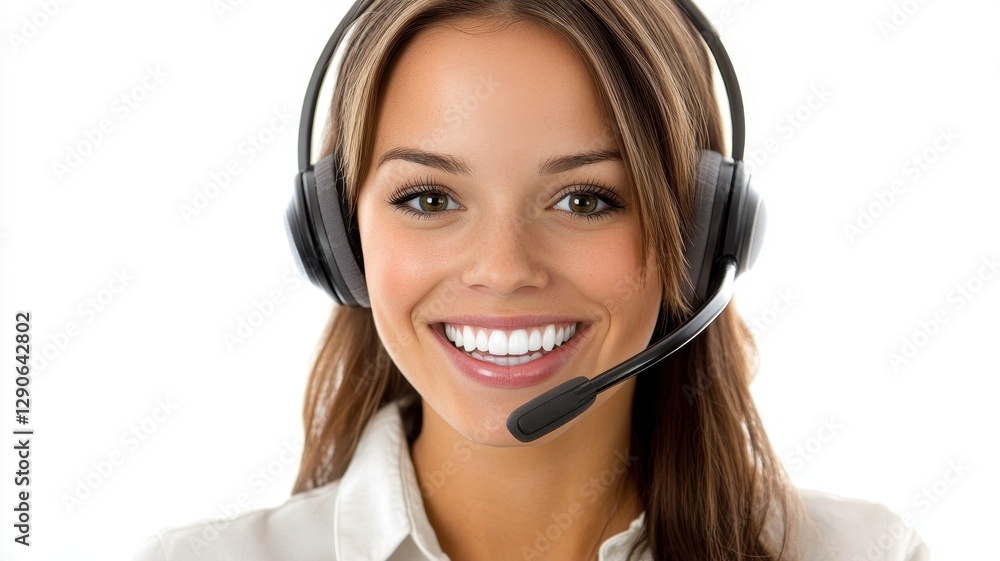 Smiling female telemarketing agent engaging with clients, showcasing professionalism and positivity in her work. Smiling female telemarketing agent engaging with clients, showcasing professionalism and positivity in her work.