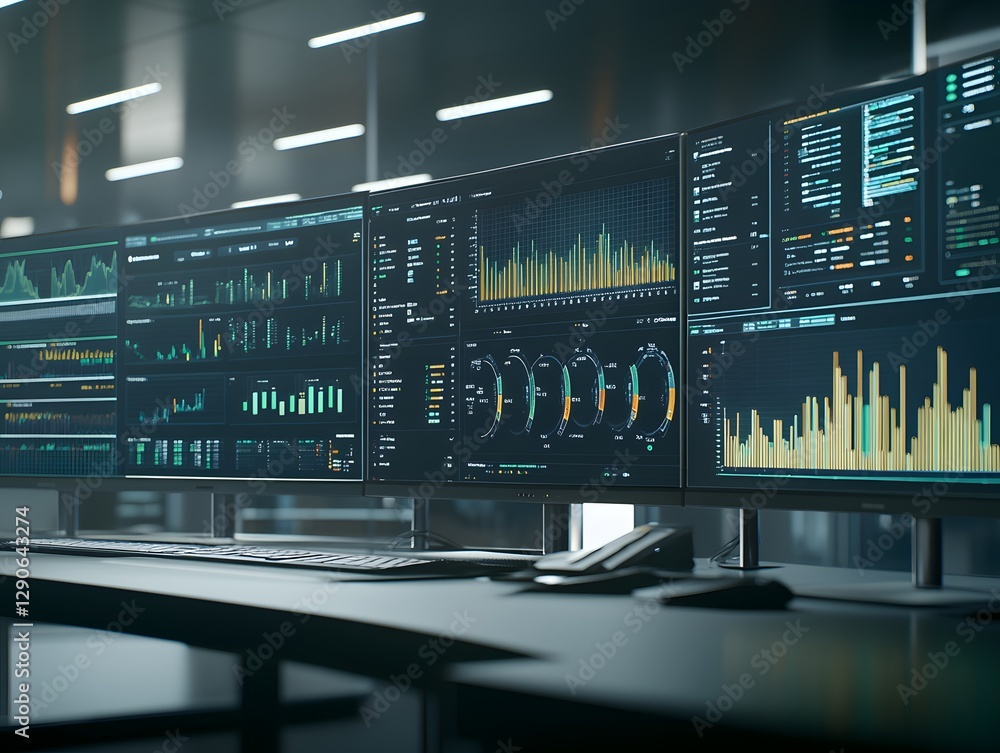 A modern control room with multiple screens displaying data analytics and graphs A modern control room with multiple screens displaying data analytics and graphs