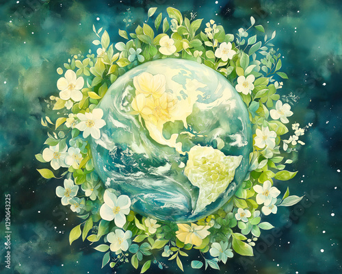 illustration of planet Earth surrounded by lush green leaves delicate white flowers, symbolizing nature, peace, and environmental harmony. Concept of Earth Day 2025