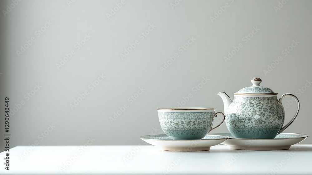 custom made wallpaper toronto digitalSymmetrical tea set with delicate vintage porcelain on a plain white table, minimalist elegance and tradition