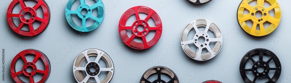 Obraz premium Symmetrical pattern of old-fashioned film reels on a soft grey background, minimal retro cinema aesthetic