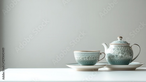 Wallpaper Mural Symmetrical tea set with delicate vintage porcelain on a plain white table, minimalist elegance and tradition Torontodigital.ca