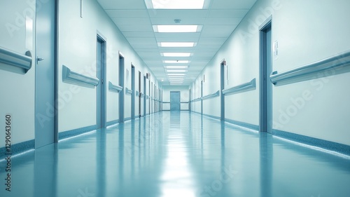 Tranquil hospital hallway bathed in soft light, embodying serenity and sterility in a healing environment.