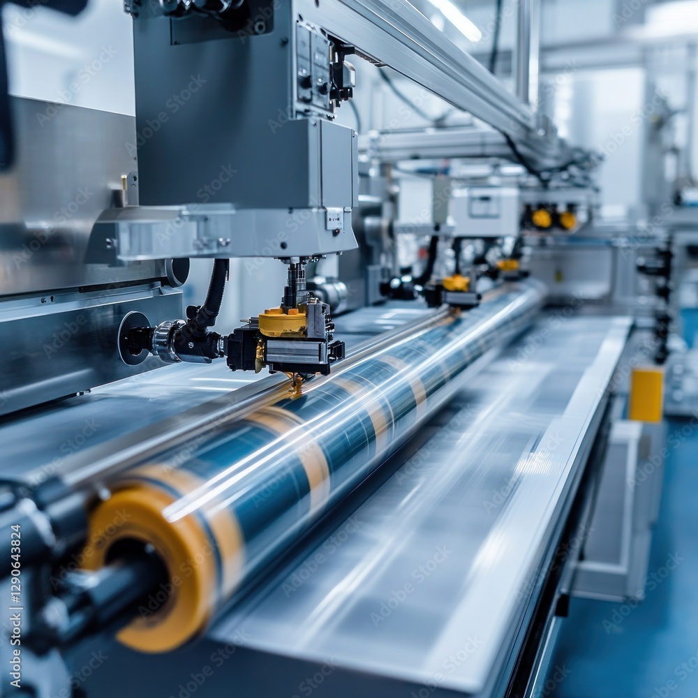 Industrial printing machine processing roll film in clean factory Industrial printing machine processing roll film in clean factory