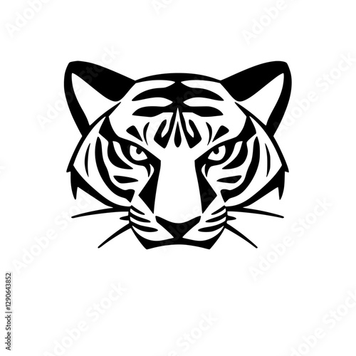 Black-and-white drawing of a tiger's face, showing a focused, direct gaze, creating a bold, graphic style.