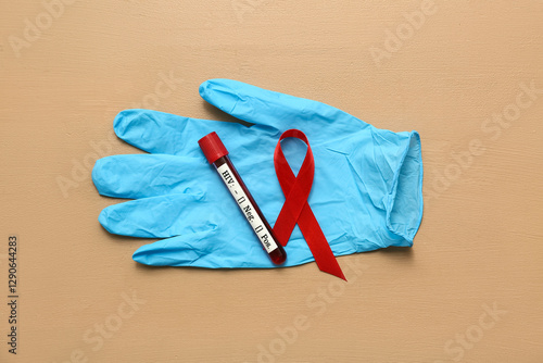 HIV blood test tube, red ri...