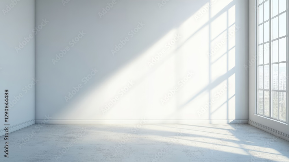 Fototapeta premium Bright Sunlight Filters Through Large Windows, Casting Shadows on the Polished Wooden Floor in an Empty Room Created for New Possibilities