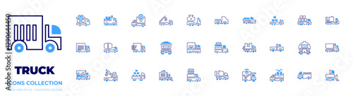 Truck icon collection Bold line style Duotone colors. Vector, Frame, truck, delivery truck, cargo truck, mixer truck, snowplow, garbage truck