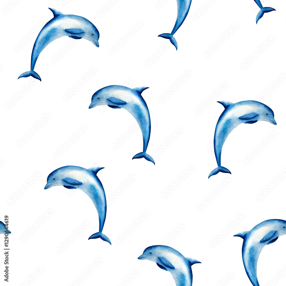 Fototapeta Seamless pattern with dolphin jumping. Watercolor hand drawn illustration isolated on background. For designers, postcards, greetings, birthday, calendar, wallpapers, wrapping paper, logo, baby design
