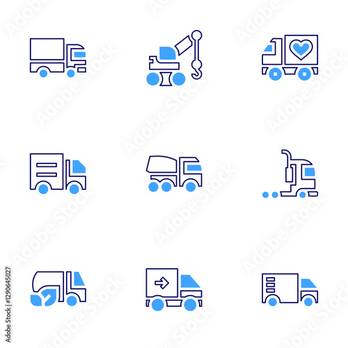 Truck icon set Bold line style Duotone colors Editable stroke. tow truck, automobile, truck, cement truck, delivery truck, semi truck, refuelling truck
