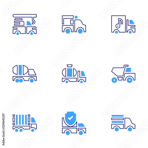 Truck icon set Bold line style Duotone colors Editable stroke. truck, dump truck, tank truck, cement truck, crane truck, tow truck, delivery truck