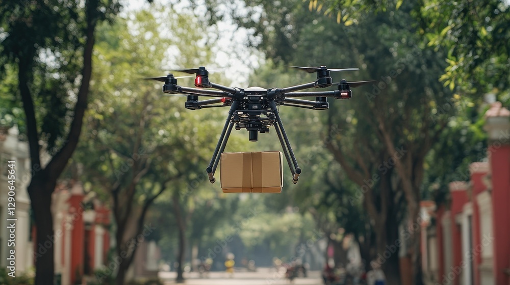 Top-down view of a drone navigating city streets while transporting a food package Top-down view of a drone navigating city streets while transporting a food package