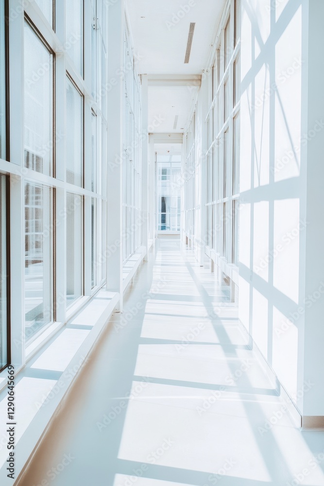 Fototapeta premium An empty hospital corridor featuring white walls and soft lighting, evoking a sense of calm and solitude.