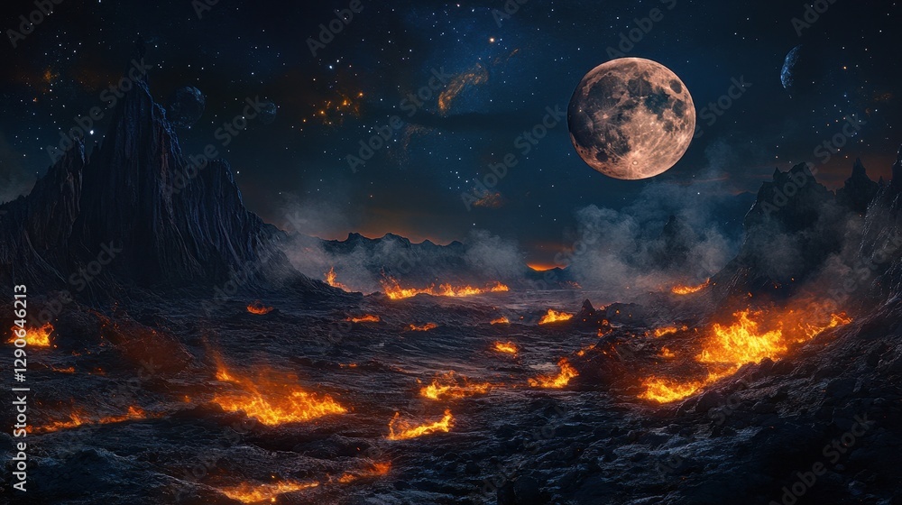 A breathtaking celestial scene where the full moon glow enhances the fiery embers smoldering across the rocky wilderness. A breathtaking celestial scene where the full moon glow enhances the fiery embers smoldering across the rocky wilderness.