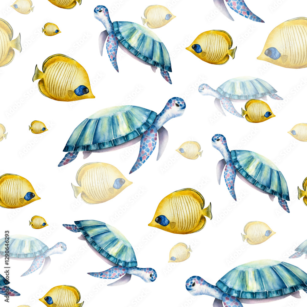 Naklejka premium Butterflyfish and sea turtle seamless pattern. Colorful tropical fish. Watercolor hand drawn illustration isolated on background. For designers, postcards, greetings, birthday, calendar, wallpapers