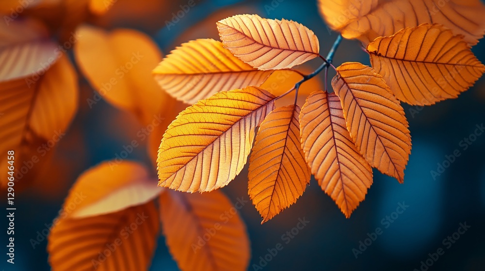 Obraz premium Orange Leaves Displayed On A Branch Against A Dark Blue Background