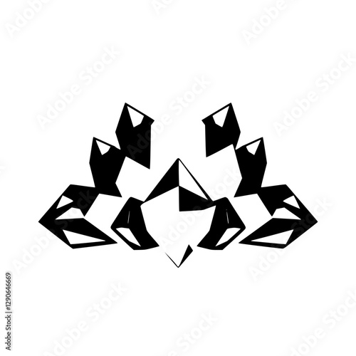 Abstract black and white crystalline lotus flower, symmetrical composition on white background.