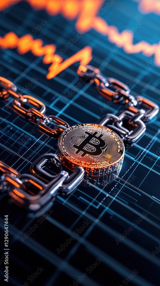 Fototapeta premium A close-up of a Bitcoin on a chain, symbolizing cryptocurrency and blockchain technology, against a backdrop of a fluctuating market graph.