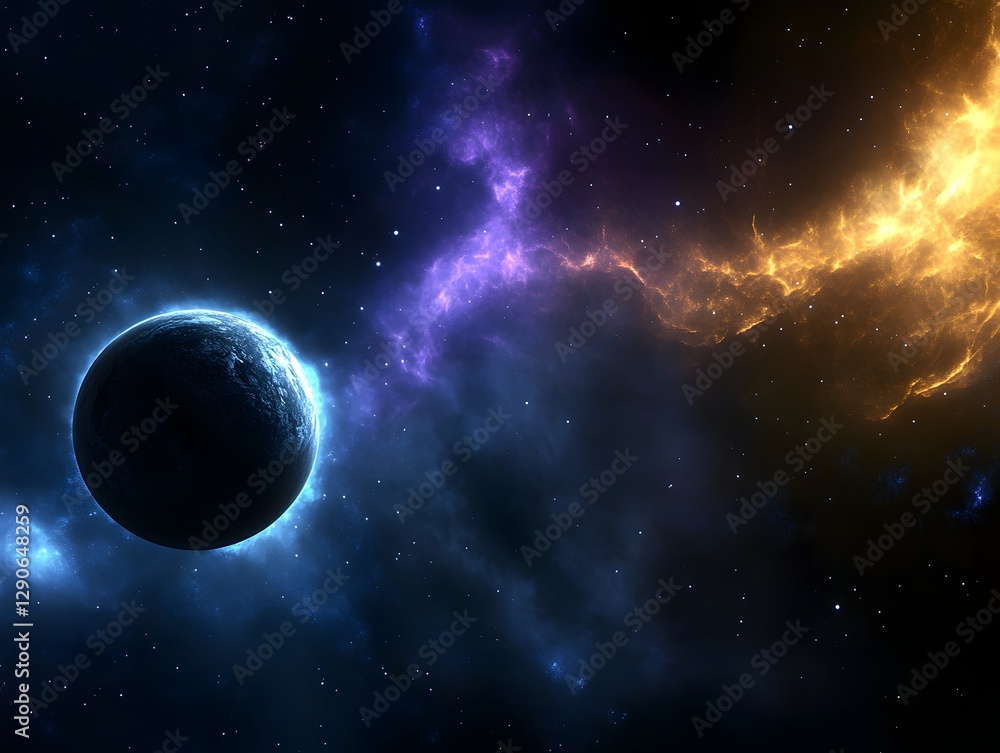 Obraz premium A vibrant cosmic scene featuring a blue planet surrounded by colorful nebulae in space