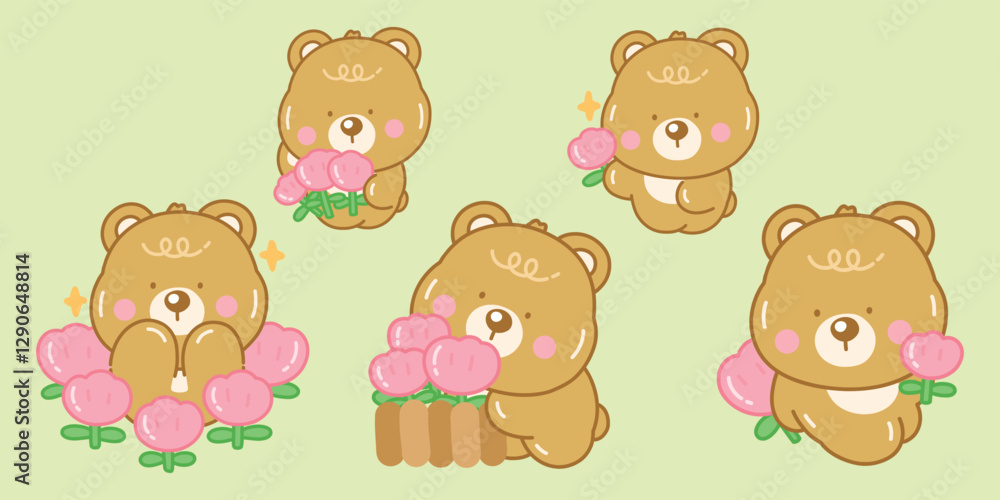 Fototapeta premium Cute Bear with Flower Set