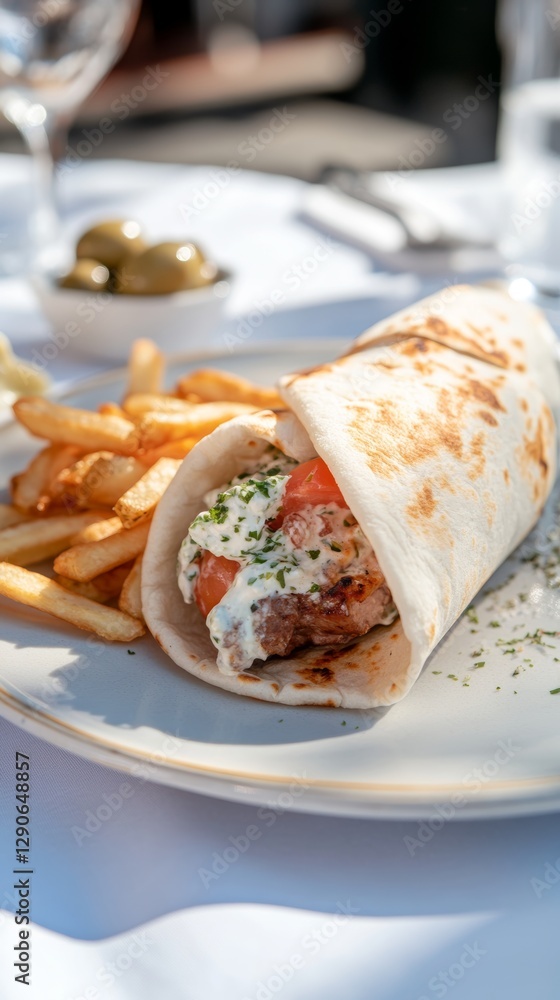 Savory Greek gyros wrapped in warm pita, featuring grilled meat, fresh toppings, fries, and paired with olives and feta cheese in a sunlit Mediterranean setting Savory Greek gyros wrapped in warm pita, featuring grilled meat, fresh toppings, fries, and paired with olives and feta cheese in a sunlit Mediterranean setting